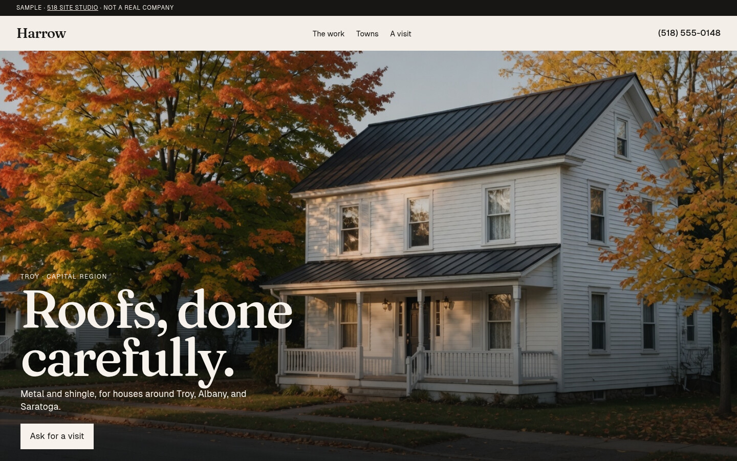 Harrow Roofing, a sample. A white house with a dark metal roof, and the line Roofs, done carefully. Not a real company.