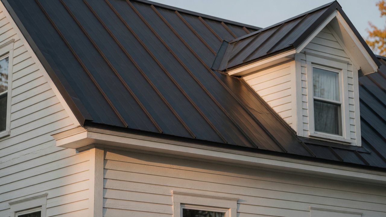 Close view of a dark standing-seam metal roof and a small dormer in afternoon light.